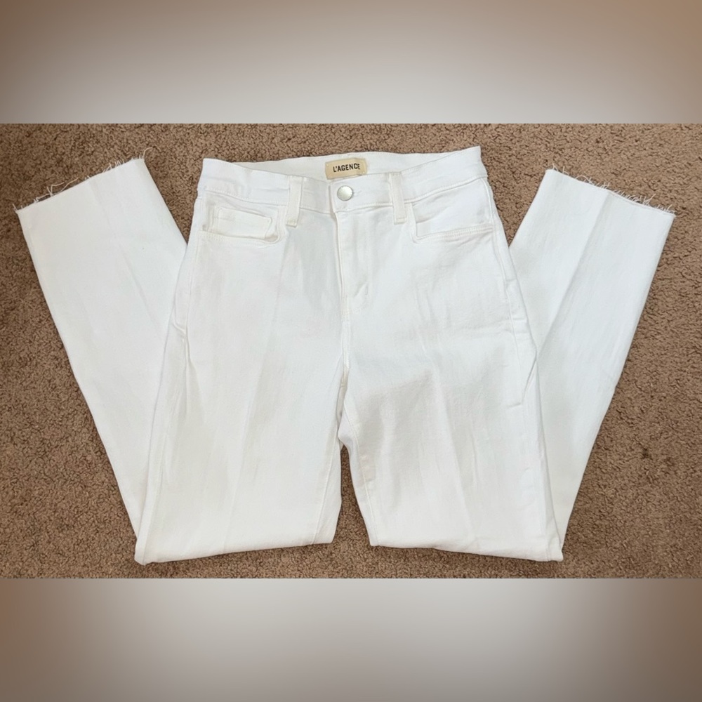 L'Agence Women's White Raw-Hem High-Rise Sada Straight Jeans Pants Size 25